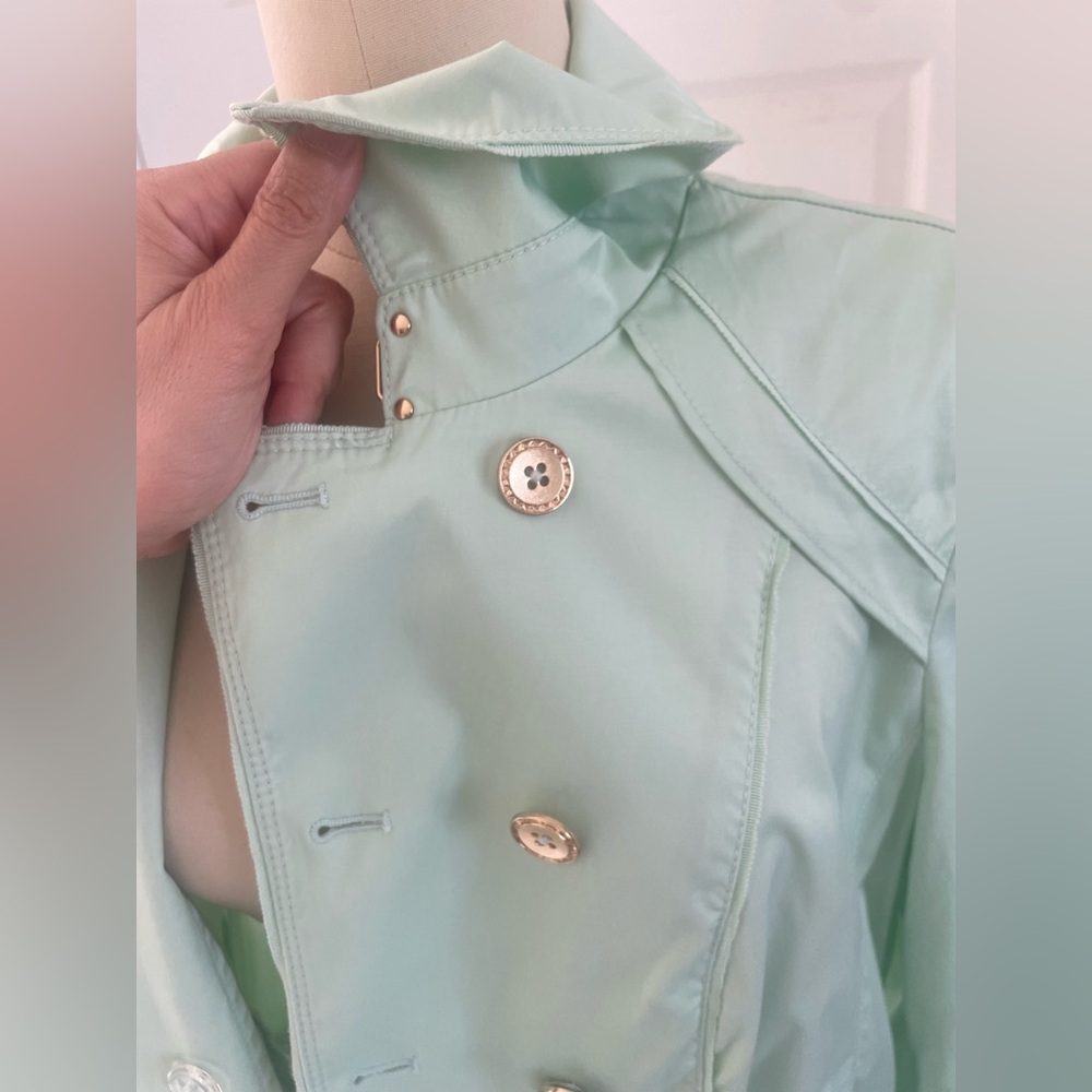 White House black market long sleeve double breasted ruffle, mint jacket. - Picture 9 of 16